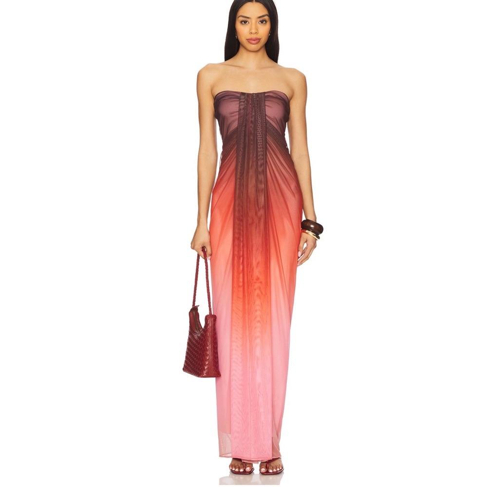 BAOBAB Lena Maxi Dress Cranberry Ombre Mesh Draped Gown BBAB-WD235 NWT Large